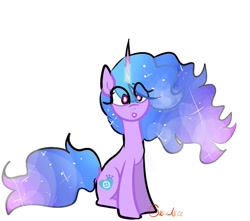 Size: 738x653 | Tagged: safe, artist:petaltwinkle, izzy moonbow, pony, unicorn, g5, ethereal mane, eye clipping through hair, female, horn, mare, simple background, sitting, solo, white background