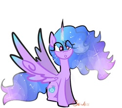 Size: 738x653 | Tagged: safe, artist:petaltwinkle, izzy moonbow, alicorn, pony, g5, alicornified, ethereal mane, eye clipping through hair, female, horn, izzycorn, mare, race swap, simple background, sitting, solo, spread wings, white background, wings
