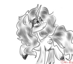 Size: 738x653 | Tagged: safe, artist:petaltwinkle, izzy moonbow, pony, unicorn, g5, eye clipping through hair, female, grayscale, horn, mare, monochrome, raised hoof, raised leg, simple background, solo, white background