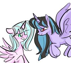 Size: 1102x979 | Tagged: safe, artist:petaltwinkle, oc, oc only, alicorn, pony, alicorn oc, duo, duo female, eye clipping through hair, female, flying, horn, looking at each other, looking at someone, mare, raised hoof, simple background, spread wings, white background, wings