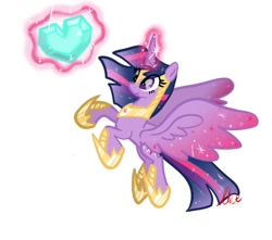 Size: 738x653 | Tagged: safe, artist:petaltwinkle, twilight sparkle, alicorn, pony, g4, crystal heart, eye clipping through hair, female, glowing, glowing horn, heart, horn, jewelry, looking at something, magic, magic aura, mare, regalia, simple background, solo, spread wings, telekinesis, twilight sparkle (alicorn), white background, wings