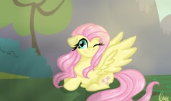 Size: 738x438 | Tagged: safe, artist:petaltwinkle, fluttershy, pegasus, pony, g4, bush, cute, daaaaaaaaaaaw, female, lying down, mare, one eye closed, outdoors, prone, shyabetes, solo, spread wings, tree, wings, wink