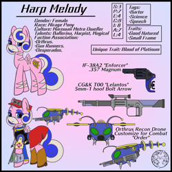 Size: 4000x4000 | Tagged: safe, artist:dice-warwick, oc, oc:harp melody, original species, robot, fallout equestria, fallout equestria: desperados, clothes, gun, handgun, hat, horn, jacket, mirage pony, pipbuck, red dress, red hat, revolver, rifle, small horn, small wings, stripes, vest, weapon, wings