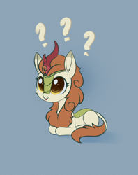 Size: 1778x2247 | Tagged: safe, artist:dusthiel, autumn blaze, kirin, :p, atg 2022, awwtumn blaze, cute, featured image, horn, lying, lying down, newbie artist training grounds, ponyloaf, prone, question mark, solo, tongue out