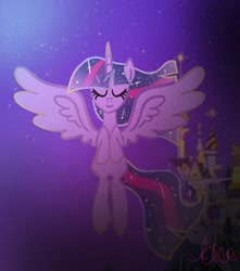 Size: 653x738 | Tagged: safe, artist:petaltwinkle, twilight sparkle, alicorn, pony, g4, ethereal mane, eyes closed, female, flying, horn, mare, solo, spread wings, twilight sparkle (alicorn), wings
