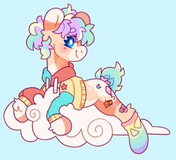 Size: 2500x2271 | Tagged: safe, artist:cocopudu, oc, oc only, earth pony, pony, clothes, cloud, coat markings, dappled, high res, hoodie, looking at you, lying down, lying on a cloud, on a cloud, smiling, socks, solo