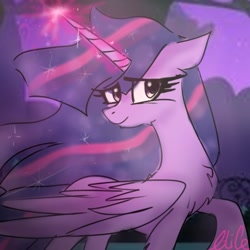 Size: 512x512 | Tagged: safe, artist:petaltwinkle, twilight sparkle, alicorn, pony, g4, chest fluff, eye clipping through hair, female, glowing, glowing horn, horn, magic, magic aura, mare, solo, twilight sparkle (alicorn), wings