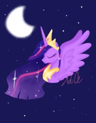Size: 401x512 | Tagged: safe, artist:petaltwinkle, twilight sparkle, alicorn, pony, g4, the last problem, crescent moon, eyes closed, horn, jewelry, moon, night, night sky, older, older twilight, older twilight sparkle (alicorn), princess twilight 2.0, profile, regalia, sky, spread wings, twilight sparkle (alicorn), wings