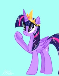 Size: 401x512 | Tagged: safe, artist:petaltwinkle, twilight sparkle, alicorn, pony, g4, blue background, eye clipping through hair, female, folded wings, horn, jewelry, mare, raised hoof, regalia, simple background, solo, twilight sparkle (alicorn), underhoof, wings