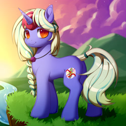 Size: 3543x3543 | Tagged: safe, artist:blueeye, oc, oc only, oc:serene secrets, pony, unicorn, braid, butt, cliff, high res, male, mountain, plot, river, scenery, solo, water