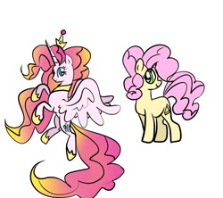 Size: 1102x979 | Tagged: safe, artist:petaltwinkle, li'l cheese, pinkie pie, alicorn, earth pony, pony, g4, the last problem, alicornified, duo, duo female, eye clipping through hair, female, horn, jewelry, mare, pinkiecorn, princess pinkie pie, race swap, regalia, simple background, spread wings, white background, wings, xk-class end-of-the-world scenario