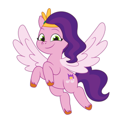 Size: 3000x3000 | Tagged: safe, artist:tokkii, edit, pipp petals, pegasus, pony, g5, my little pony: tell your tale, crown, female, flying, high res, jewelry, looking at you, mare, png, regalia, simple background, smiling, solo, spread wings, tiara, transparent background, vector, wings
