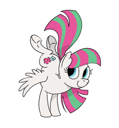 Size: 556x600 | Tagged: safe, artist:mellodillo, color edit, edit, blossomforth, pegasus, pony, g4, colored, female, flexible, looking at you, mare, simple background, smiling, solo, spread wings, transparent background, wings