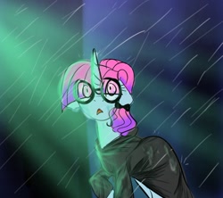 Size: 1102x979 | Tagged: safe, artist:petaltwinkle, oc, oc only, pony, unicorn, clothes, eye clipping through hair, female, glasses, horn, mare, open mouth, rain, solo, wet