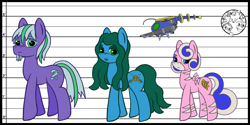 Size: 4000x2000 | Tagged: safe, artist:dice-warwick, oc, oc:harp melody, oc:slowtrot, oc:star charter, earth pony, pony, robot, fallout equestria, fallout equestria: desperados, female, male, mare, mirage pony, size chart, size comparison, stallion