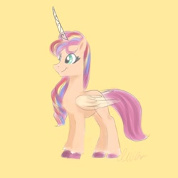Size: 1024x1024 | Tagged: safe, artist:petaltwinkle, sunny starscout, alicorn, earth pony, pony, g5, my little pony: a new generation, alicornified, artificial horn, artificial wings, augmented, female, folded wings, horn, magic, magic horn, magic wings, mane stripe sunny, mare, race swap, simple background, solo, sunnycorn, wings, yellow background
