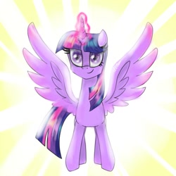 Size: 1024x1024 | Tagged: safe, artist:petaltwinkle, twilight sparkle, alicorn, pony, g4, female, glowing, glowing horn, horn, looking at you, magic, magic aura, mare, solo, spread wings, twilight sparkle (alicorn), wings