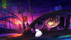 Size: 3000x1688 | Tagged: safe, artist:redchetgreen, oc, oc only, pony, bridge, car, city, night, not fluttershy, sky, skyscraper, solo, stars, traffic light