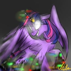 Size: 1280x1280 | Tagged: safe, artist:petaltwinkle, twilight sparkle, alicorn, pony, g4, black background, corrupted, dusk till dawn, error, female, glitch, gradient background, horn, mare, partially open wings, simple background, solo, twilight sparkle (alicorn), white background, wings