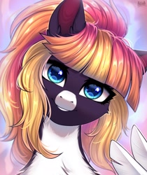 Size: 2100x2500 | Tagged: safe, artist:hakaina, oc, oc only, oc:sunrise virtue, pegasus, pony, blue eyes, cheek fluff, coat markings, countershading, cute, ear fluff, eyelashes, facial markings, feather, feathered wings, female, fluffy, grin, high res, looking at you, mare, neck fluff, ocbetes, pale belly, pegasus oc, smiling, smiling at you, snip (coat marking), solo, wing gesture, wing hands, wings