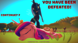 Size: 1920x1067 | Tagged: safe, artist:defeatedgirls, princess cadance, queen chrysalis, alicorn, changeling, pony, g4, 3d, bad end, continue screen, defeated, dialogue, evil grin, female, field, game over, grin, mare, ryona, smiling, source filmmaker, trampling, triumphant, unconscious, victorious villain, video game, worried