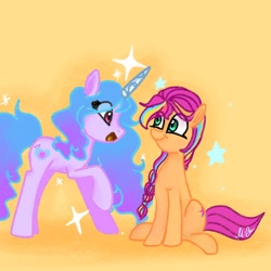Size: 1280x1280 | Tagged: safe, artist:petaltwinkle, izzy moonbow, sunny starscout, earth pony, pony, unicorn, g5, duo, duo female, eye clipping through hair, female, horn, looking at each other, looking at someone, mare, open mouth, open smile, orange background, raised hoof, simple background, sitting, smiling, smiling at each other, sparkles, stars, yellow eyes