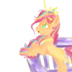 Size: 1280x1280 | Tagged: safe, artist:petaltwinkle, sunny starscout, alicorn, earth pony, pony, g5, alicornified, artificial horn, artificial wings, augmented, female, horn, jewelry, magic, magic aura, magic horn, magic wings, mane stripe sunny, mare, race swap, regalia, simple background, solo, white background, wings