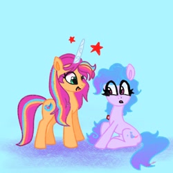 Size: 1280x1280 | Tagged: safe, artist:petaltwinkle, izzy moonbow, sunny starscout, earth pony, pony, unicorn, g5, alternate hairstyle, blue background, duo, duo female, eye clipping through hair, female, hairband, horn, looking at someone, mane swap, mare, multicolored hair, open mouth, palette swap, race swap, rainbow hair, recolor, simple background, sitting, stars