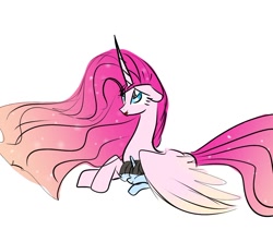 Size: 1102x979 | Tagged: safe, artist:petaltwinkle, pinkie pie, oc, alicorn, pony, g4, alicornified, duo, duo female, ethereal mane, eye clipping through hair, eyes closed, female, horn, lying down, mare, pinkiecorn, princess pinkie pie, prone, race swap, simple background, slender, tall, thin, white background, wings, xk-class end-of-the-world scenario