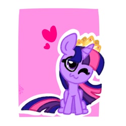 Size: 1280x1280 | Tagged: safe, artist:petaltwinkle, twilight sparkle, alicorn, pony, g4, :3, female, floating, heart, horn, jewelry, mare, one eye closed, outline, partial background, regalia, simple background, sitting, solo, twilight sparkle (alicorn), white background, wink