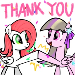 Size: 1280x1280 | Tagged: safe, artist:petaltwinkle, oc, oc only, pegasus, pony, duo, duo female, eye clipping through hair, female, folded wings, looking at each other, looking at someone, mare, open mouth, open smile, raised hoof, simple background, smiling, thank you, white background, wings