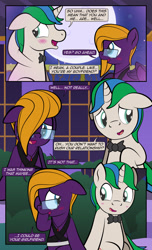 Size: 1920x3168 | Tagged: safe, artist:alexdti, oc, oc only, oc:purple creativity, oc:star logic, pegasus, pony, unicorn, comic:quest for friendship, blushing, bowtie, comic, dialogue, duo, duo male and female, ears back, female, full moon, glasses, high res, horn, looking at someone, looking away, male, mare, moon, night, oc x oc, open mouth, open smile, outdoors, pegasus oc, shipping, smiling, speech bubble, stallion, two toned mane, unicorn oc