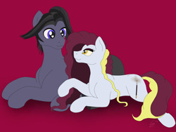 Size: 4128x3096 | Tagged: safe, artist:lennystendhal13, oc, oc only, oc:carefree, oc:overlooked wonder, earth pony, pony, female, lying down, male, mare, prone, simple background
