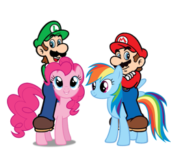 Size: 753x698 | Tagged: safe, artist:dashiesparkle, edit, pinkie pie, rainbow dash, earth pony, human, pegasus, pony, g4, 1000 years in photoshop, crossover, female, humans riding ponies, luigi, luigipie, male, mare, maridash, mario, mariodash, riding, simple background, super mario bros., white background