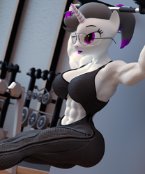 Size: 3000x3600 | Tagged: safe, artist:dashie116, oc, oc only, oc:hazel radiate, unicorn, anthro, 3d, abs, anthro oc, belly button, biceps, breasts, clothes, commission, commissioner:biohazard, exercise, eyebrows, eyelashes, female, fetish, glasses, gym, high res, highlights, horn, mare, midriff, muscle fetish, muscles, ponytail, purple eyes, solo, sports bra, toned, toned female, triceps, unicorn oc, ych result