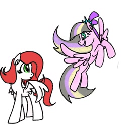 Size: 1280x1280 | Tagged: safe, artist:petaltwinkle, oc, oc only, pegasus, pony, duo, duo female, eye clipping through hair, female, flying, looking at each other, looking at someone, mare, open mouth, partially open wings, simple background, spread wings, white background, wings