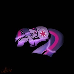 Size: 1280x1280 | Tagged: safe, artist:petaltwinkle, twilight sparkle, pony, unicorn, g4, black background, discorded, discorded twilight, female, horn, lying down, mare, prone, sad, simple background, solo, unicorn twilight