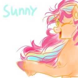 Size: 1280x1280 | Tagged: safe, artist:petaltwinkle, sunny starscout, earth pony, pony, g5, eye clipping through hair, female, looking at you, mane stripe sunny, mare, one eye closed, open mouth, simple background, solo, white background, wink, winking at you