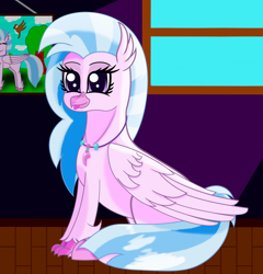 Size: 2500x2600 | Tagged: safe, alternate version, artist:profyurko, derpibooru exclusive, silverstream, classical hippogriff, hippogriff, g4, cute, diastreamies, female, high res, jewelry, necklace, painting, tongue out, window