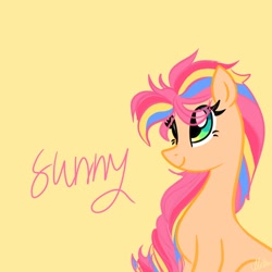 Size: 1280x1280 | Tagged: safe, artist:petaltwinkle, sunny starscout, earth pony, pony, g5, eye clipping through hair, female, mane stripe sunny, mare, simple background, sitting, solo, tan background