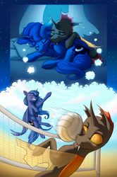Size: 1920x2890 | Tagged: safe, artist:klarapl, princess luna, oc, oc:phasmatodea, alicorn, changeling, pony, fanfic:changing expectations, bed, canon x oc, curtains, dream, grin, head shot, pillow, sleeping, smiling, sports, throwing, volleyball, volleyball net, yellow changeling