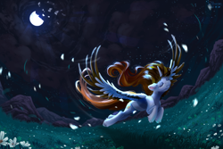 Size: 3300x2200 | Tagged: safe, artist:teaflower300, oc, oc only, alicorn, pony, alicorn oc, flower, flying, high res, horn, moon, night, solo, stars, wings