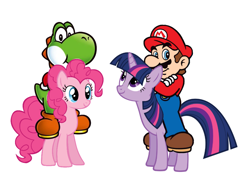 Size: 1000x698 | Tagged: safe, artist:ikillyou121, edit, pinkie pie, twilight sparkle, earth pony, pony, unicorn, yoshi, g4, 1000 years in photoshop, crossover, female, humans riding ponies, male, mare, mario, mariotwi, riding, simple background, super mario bros., white background, yoshi pie