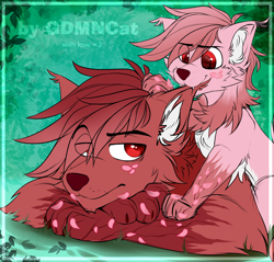 Size: 2592x2480 | Tagged: safe, artist:goddamncat, oc, oc only, oc:akura, oc:nohana, timber wolf, wolf, wolf pony, biting, blossomwolf, blossomwolves, claws, crossed arms, cub, ear bite, ear fluff, father and child, father and son, freckles, gradient hair, gradient mane, hair over one eye, high res, male, parent:oc:akura, paws, petals, raised eyebrow, tree branch, two toned coat, two toned mane, young