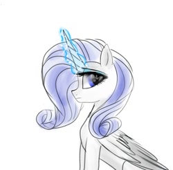 Size: 549x540 | Tagged: safe, artist:petaltwinkle, rarity, alicorn, pony, g4, alicornified, eyeshadow, female, folded wings, horn, looking at you, magic, magic aura, makeup, mare, profile, race swap, raricorn, simple background, sitting, solo, white background, wings