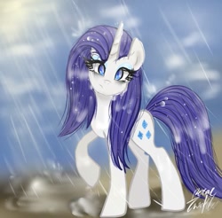 Size: 549x540 | Tagged: safe, artist:petaltwinkle, rarity, pony, unicorn, g4, female, horn, looking at you, mare, rain, raised hoof, solo, wet, wet mane, wet mane rarity