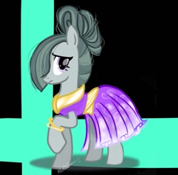 Size: 549x540 | Tagged: safe, artist:petaltwinkle, marble pie, earth pony, pony, g4, black background, clothes, dress, female, hair over one eye, mare, profile, raised hoof, simple background, solo, standing