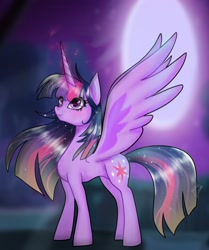 Size: 1714x2048 | Tagged: safe, artist:petaltwinkle, twilight sparkle, alicorn, pony, g4, eye clipping through hair, female, glowing, glowing horn, horn, looking up, magic, magic aura, mare, night, night sky, sky, smiling, solo, sparkly mane, sparkly tail, spread wings, tail, twilight sparkle (alicorn), wings