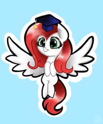 Size: 1714x2048 | Tagged: safe, artist:petaltwinkle, oc, oc only, pegasus, pony, blue background, female, graduation cap, hat, outline, simple background, solo, spread wings, wings