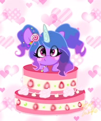 Size: 1714x2048 | Tagged: safe, artist:petaltwinkle, izzy moonbow, pony, unicorn, g5, alternate hairstyle, blushing, bracelet, cake, candy, eye clipping through hair, female, food, heart, heart background, horn, jewelry, lollipop, looking at you, mare, signature, simple background, solo, white background